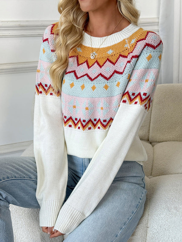 Casual loose contrast jacquard long-sleeved crew neck sweater
