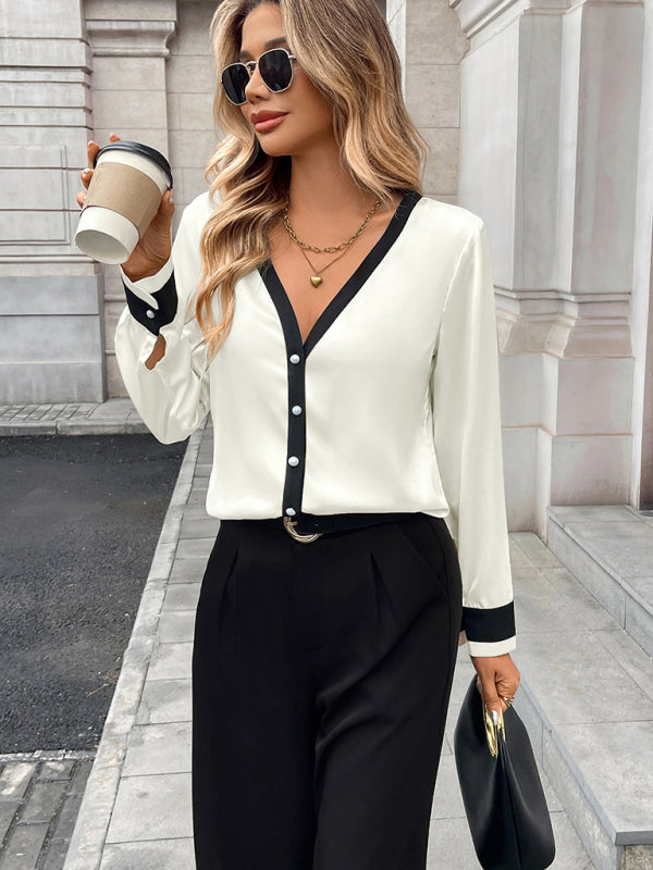 Pearl button deep V-neck colorblock single-breasted shirt
