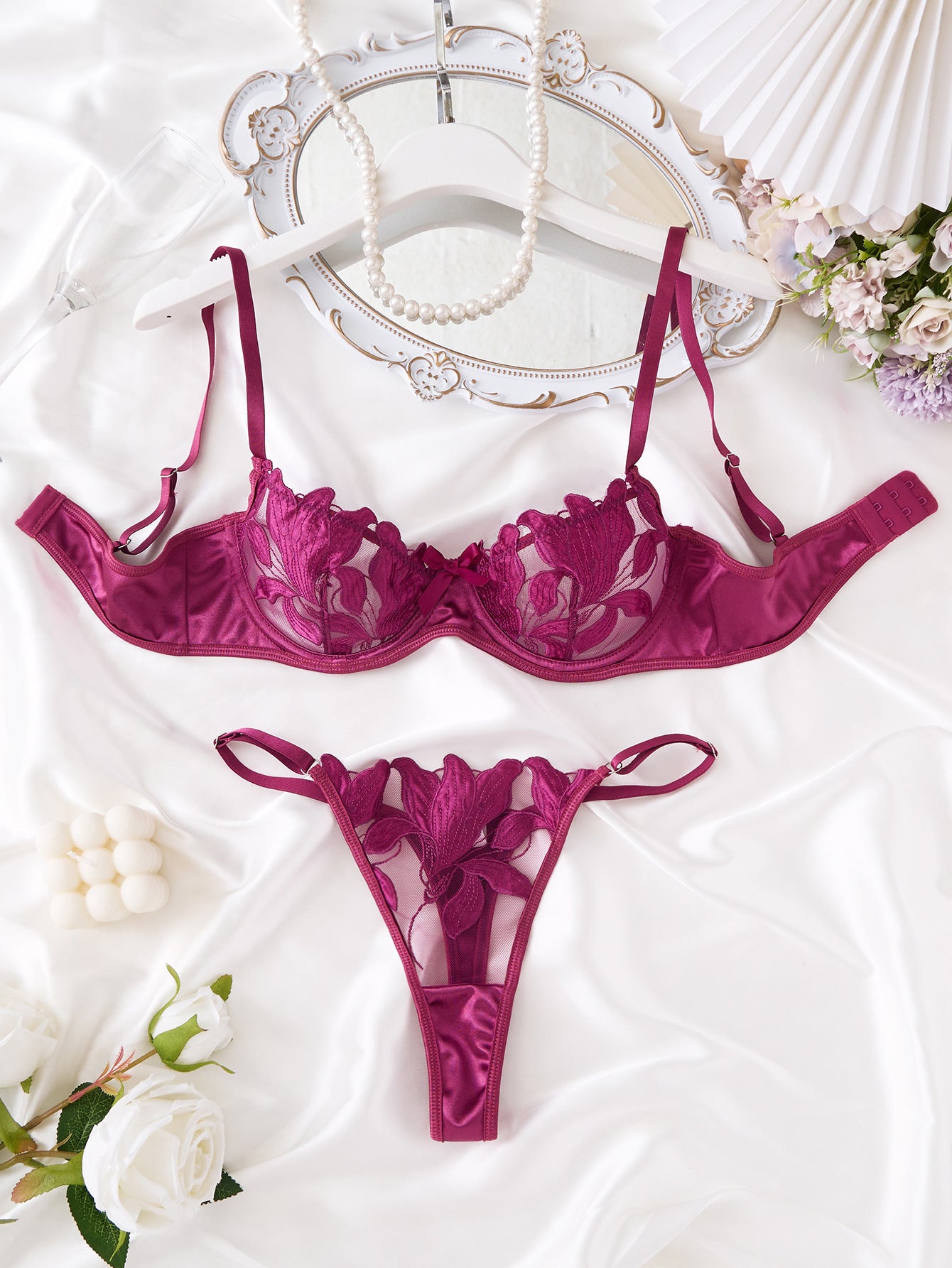 Lace Embroidery Mesh See-through Lingerie Set