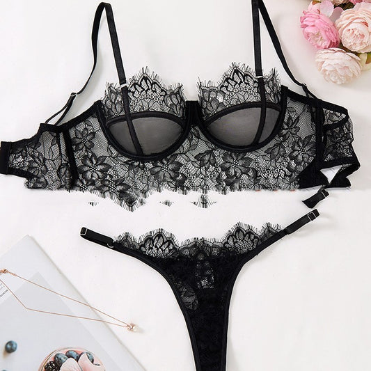 Black Mesh Bra Lace Sexy Lingerie Set