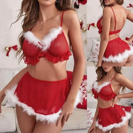 Christmas Red Sexy Underwear Two-piece Furry Set