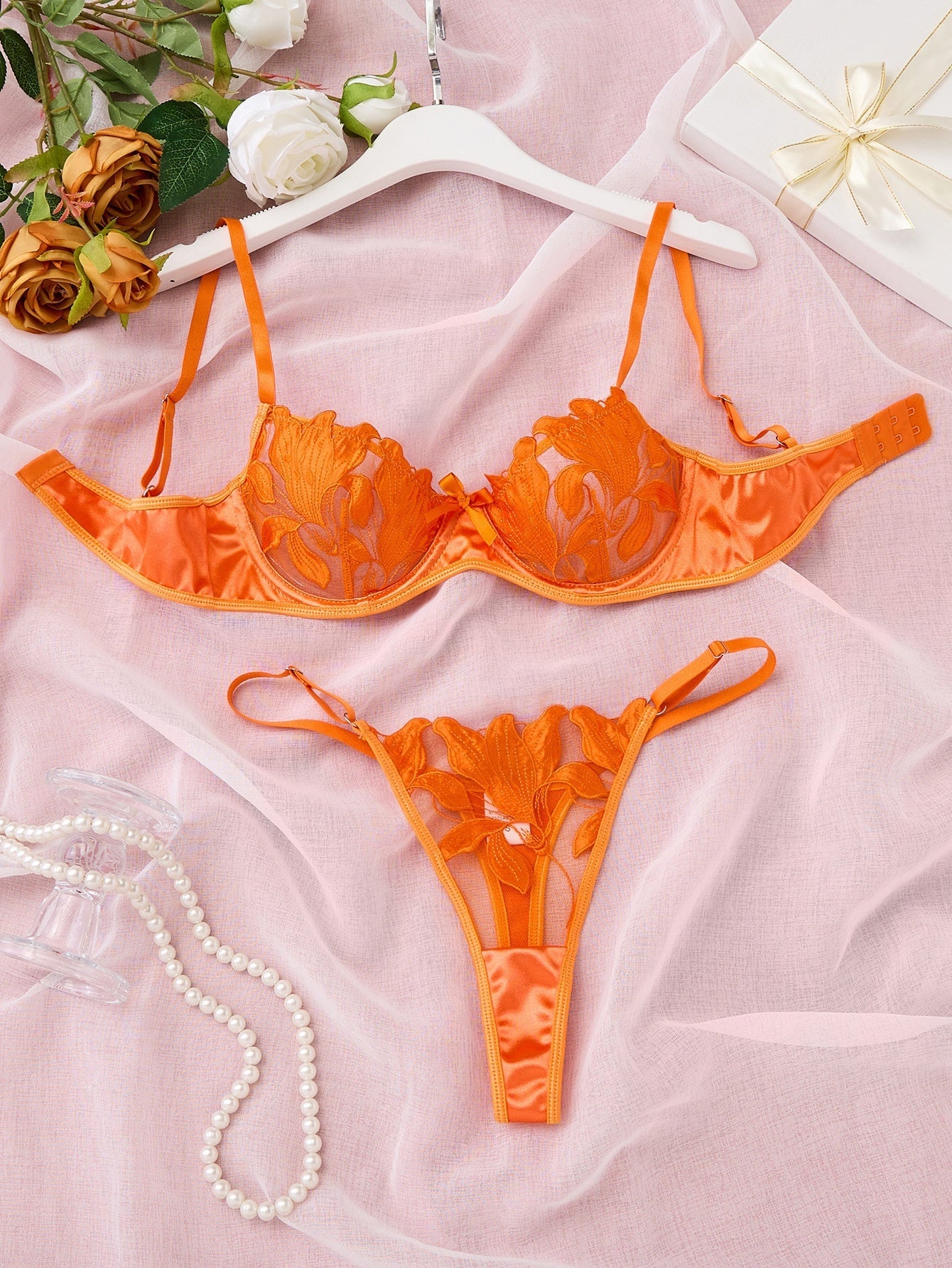 Lace Embroidery Mesh See-through Lingerie Set