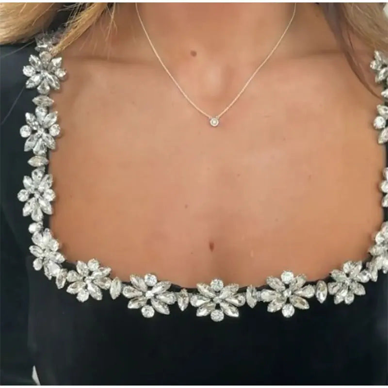 Elegant Square Neck Long-sleeved Dress With Flowers Rhinestone Design