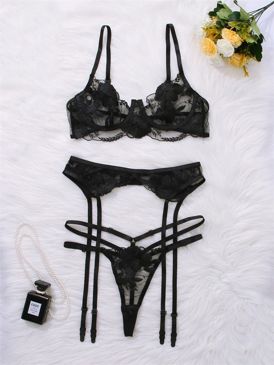 New Embroidered Sexy Lingerie Suit Three-piece Set