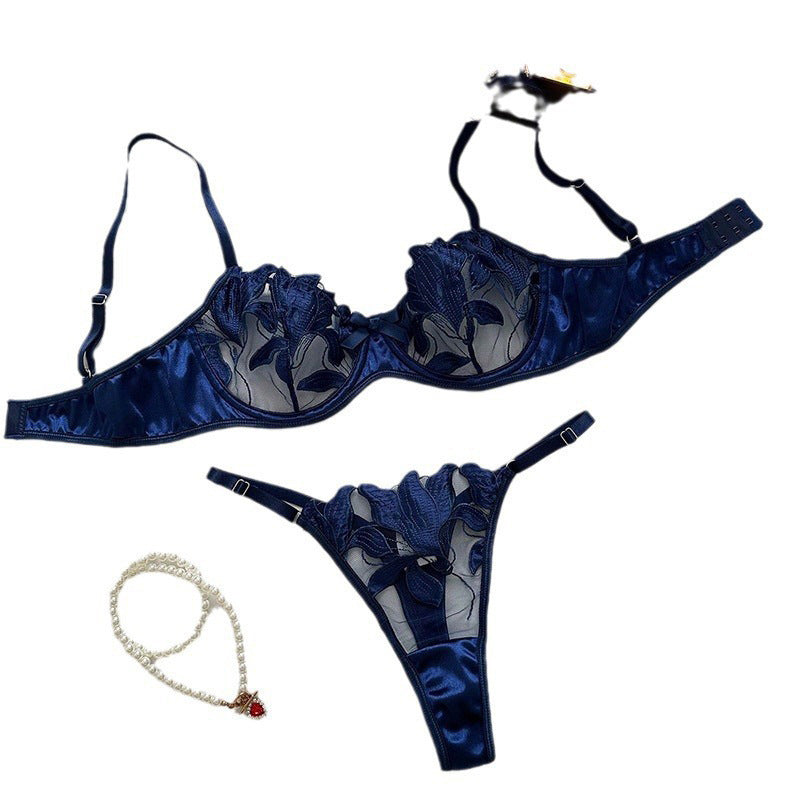 Lace Embroidery Mesh See-through Lingerie Set