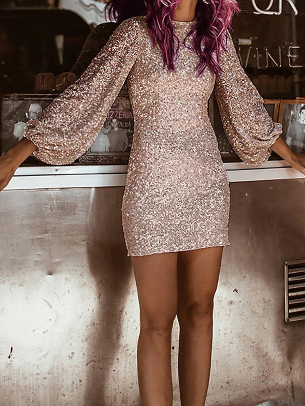 Women's sequin dress wish round neck long sleeve