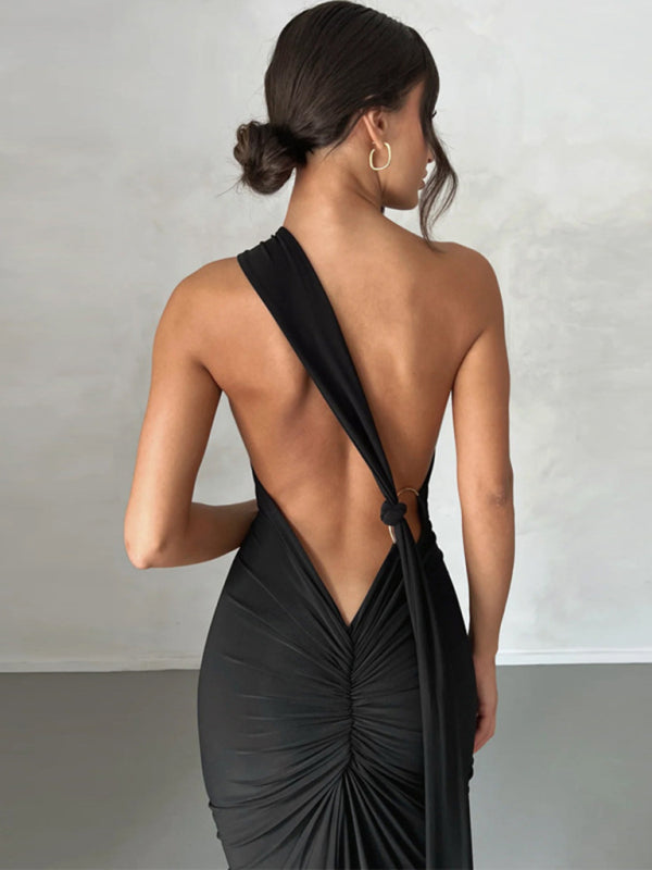 Feminine backless pleated slim fit sleeveless dress