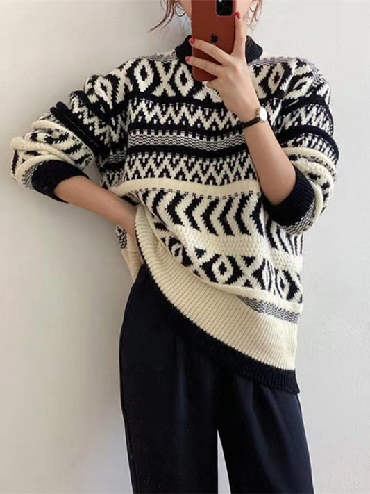 Women's new Christmas and New Year geometric pattern round neck pullover sweater