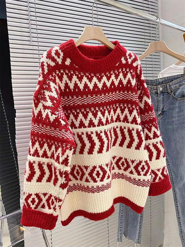 Women's new Christmas and New Year geometric pattern round neck pullover sweater