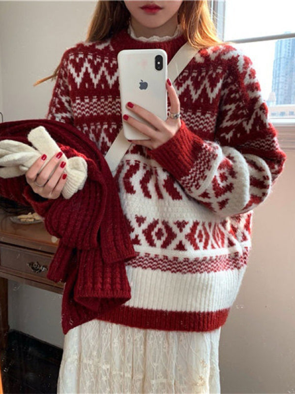 Women's new Christmas and New Year geometric pattern round neck pullover sweater