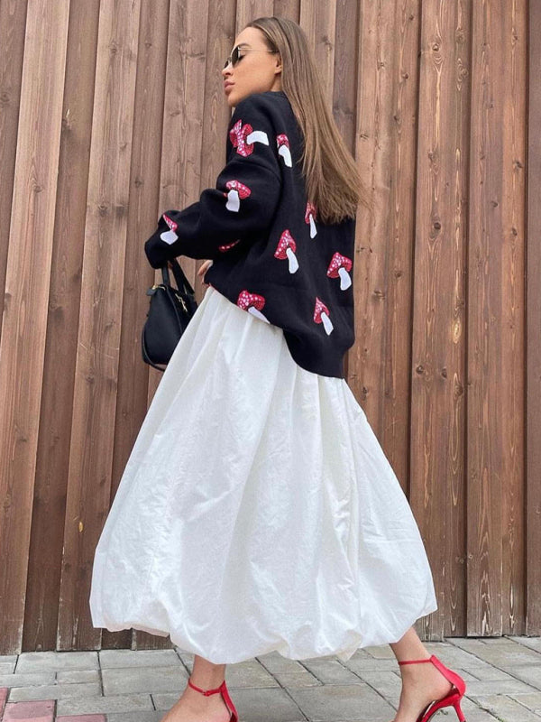 Mushroom jacquard sweater loose contrast color pullover knit sweater