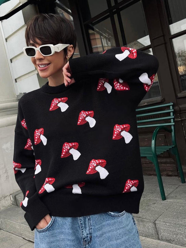 Mushroom jacquard sweater loose contrast color pullover knit sweater