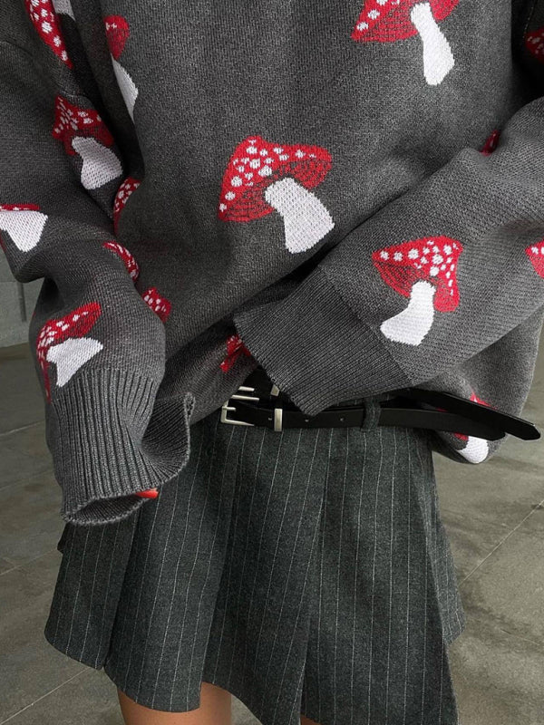 Mushroom jacquard sweater loose contrast color pullover knit sweater