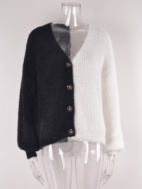 Single-breasted patchwork cardigan sweater