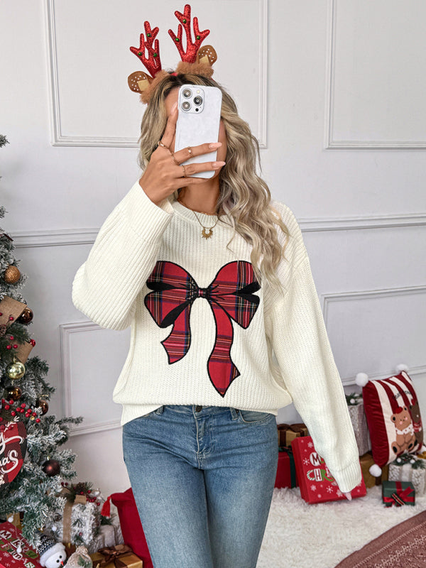 New Christmas fashion sweet style bow check embroidered round neck sweater