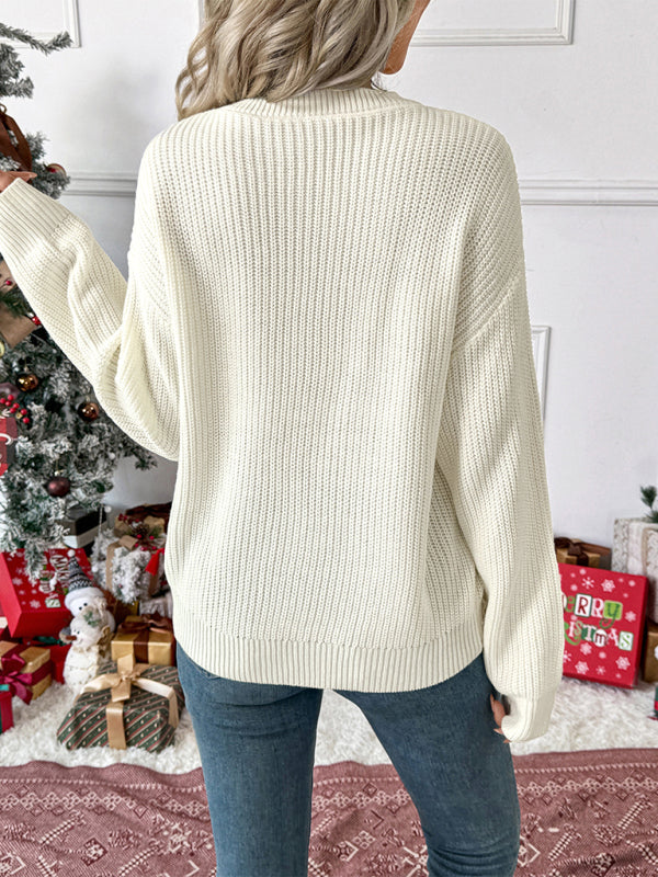 New Christmas fashion sweet style bow check embroidered round neck sweater