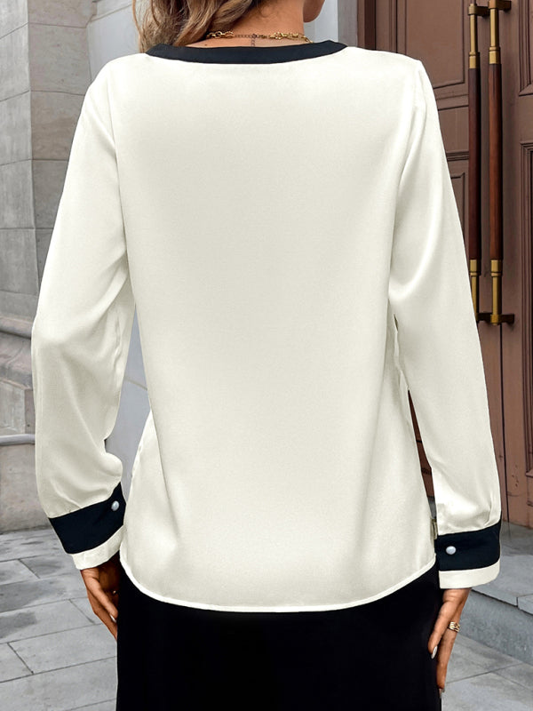 Pearl button deep V-neck colorblock single-breasted shirt